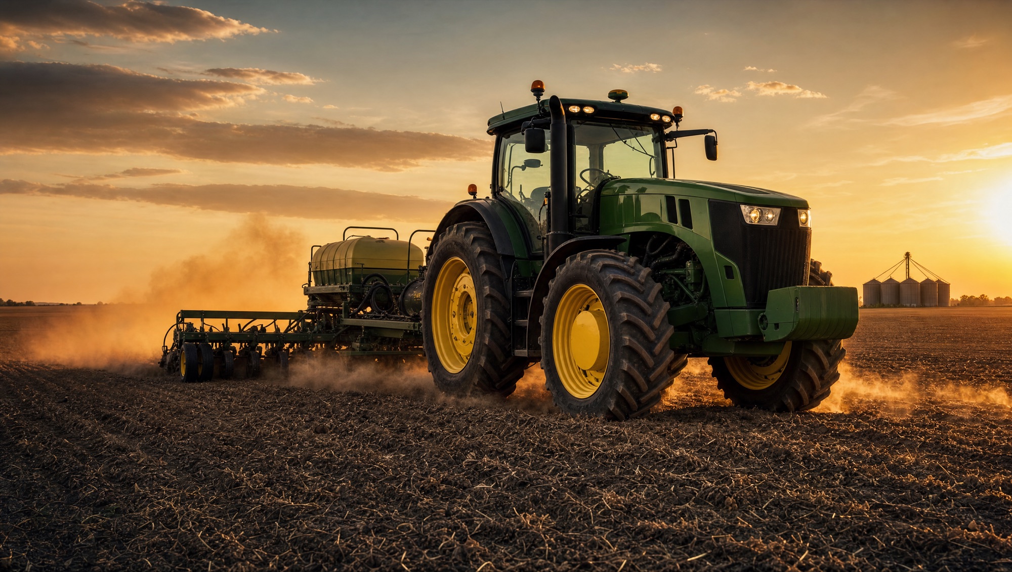 Green tractor pulling a seeder across a field at golden hour