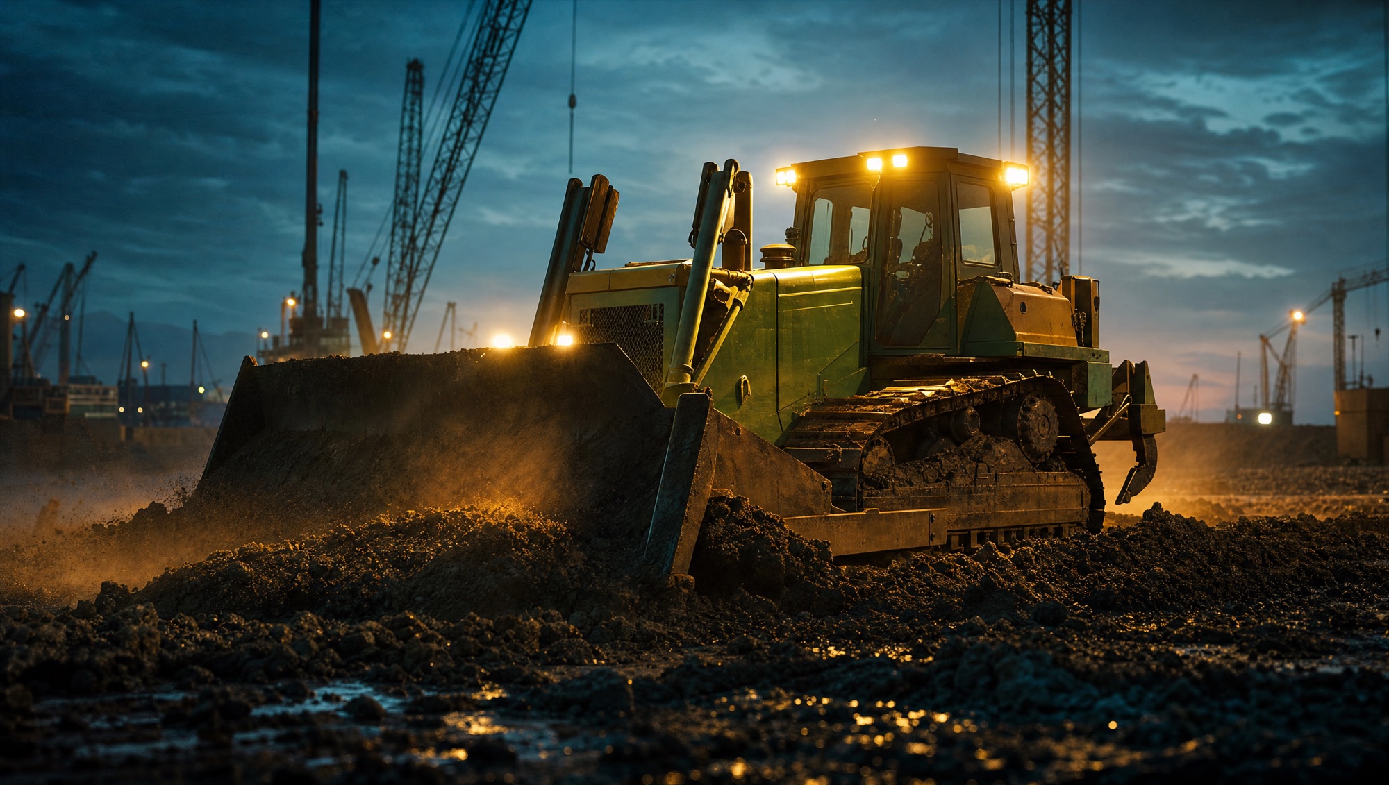Crawler dozer working a construction site at blue hour