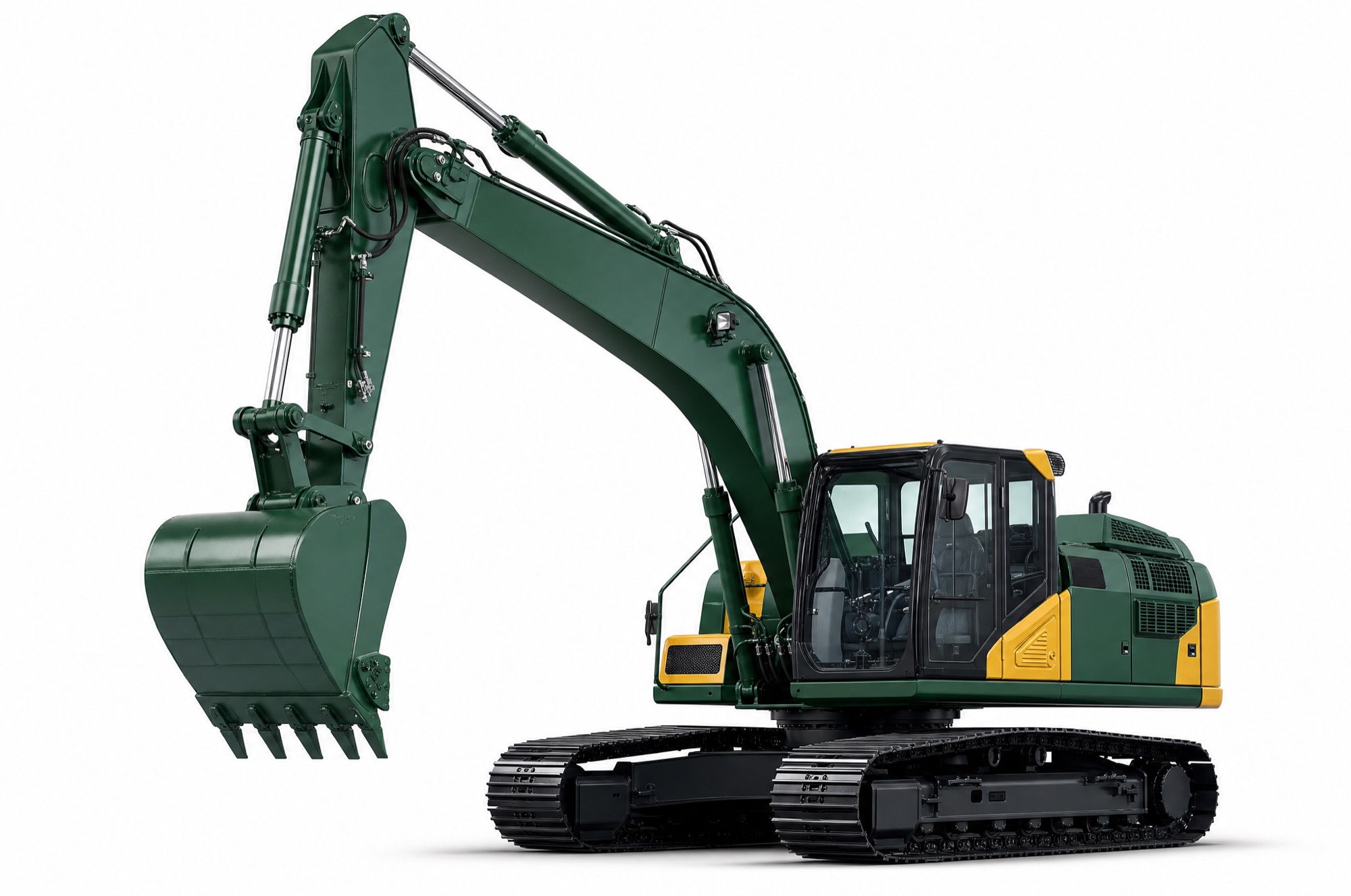 Tracked hydraulic excavator in green and yellow on a white background