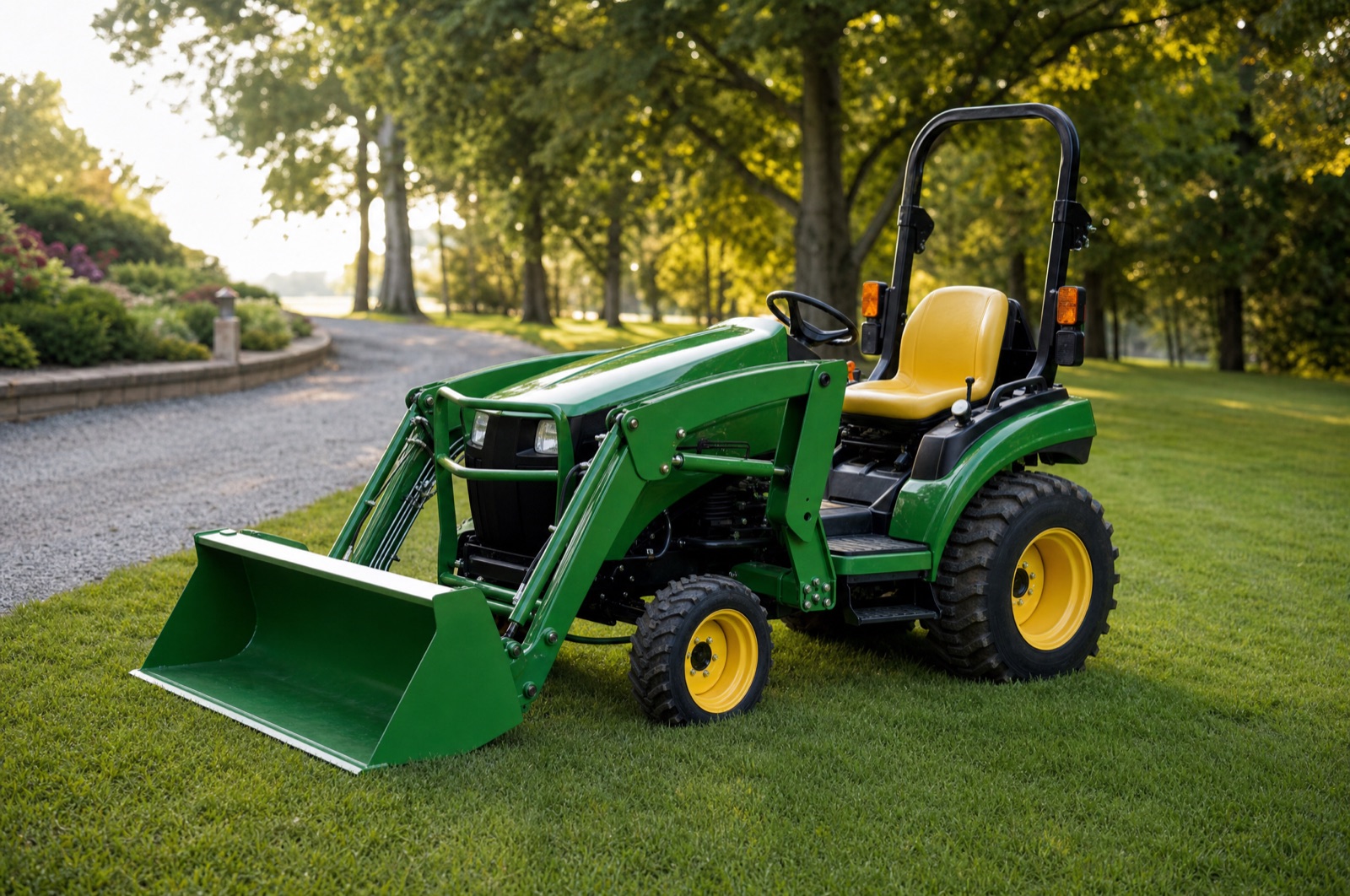 Compact utility tractor with a loader bucket parked on a lawn