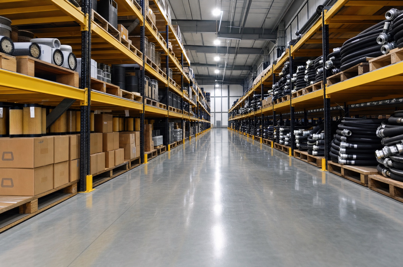 Aisle of a dealership parts warehouse stocked with filters, hoses and boxed parts
