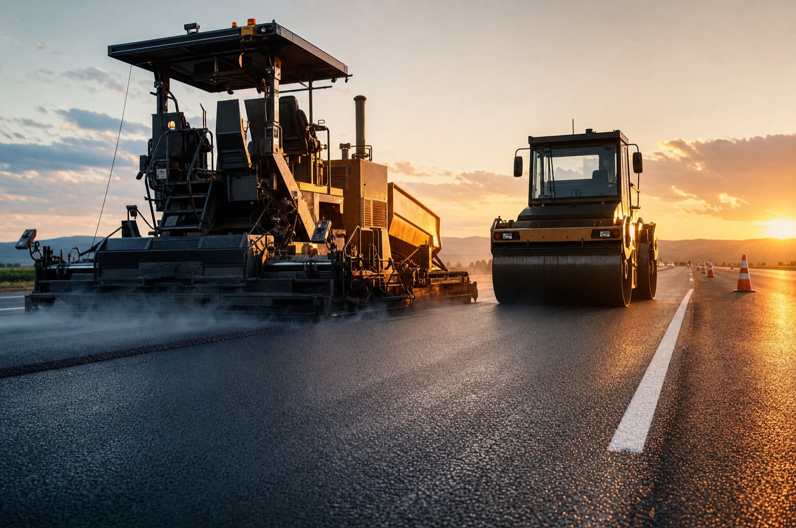 Asphalt paver and drum roller laying a new highway at dusk